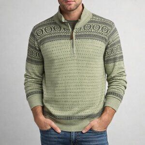Born Silk Cashmere Fair Isle Green Quarter Zip Sweater Elbow Patches Men's Sz M
